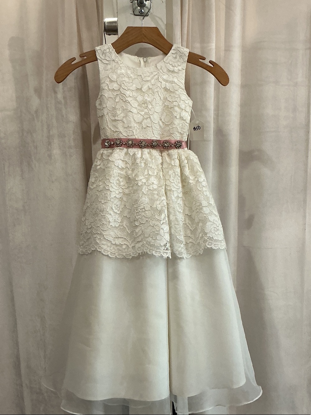 Rosebud Ivory Lace Flower Girl Dress with Pink Jeweled Sash